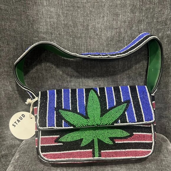 Staud Tommy Leaf Bag -Beaded Striped Shoulder Bag - Picture 1 of 13